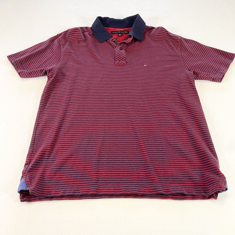 Tommy‎ Hilfiger Mens Polo Shirt Stretch Short Sleeve Red Blue Stripe Size M